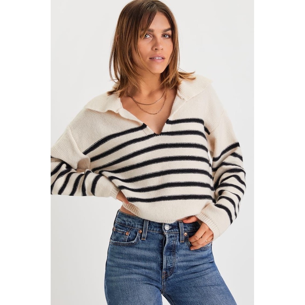 Lulu's Timeless Energy Ivory Striped‎ Collared Pullover Sweater Size Medium